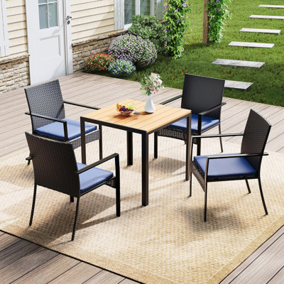 5 Piece Patio Dining Set, Wicker Outdoor Table and Chairs with Umbrella Hole ＆ Soft Cushion, Patio Furniture Set for Backyard, Garden, Poolside, Deck