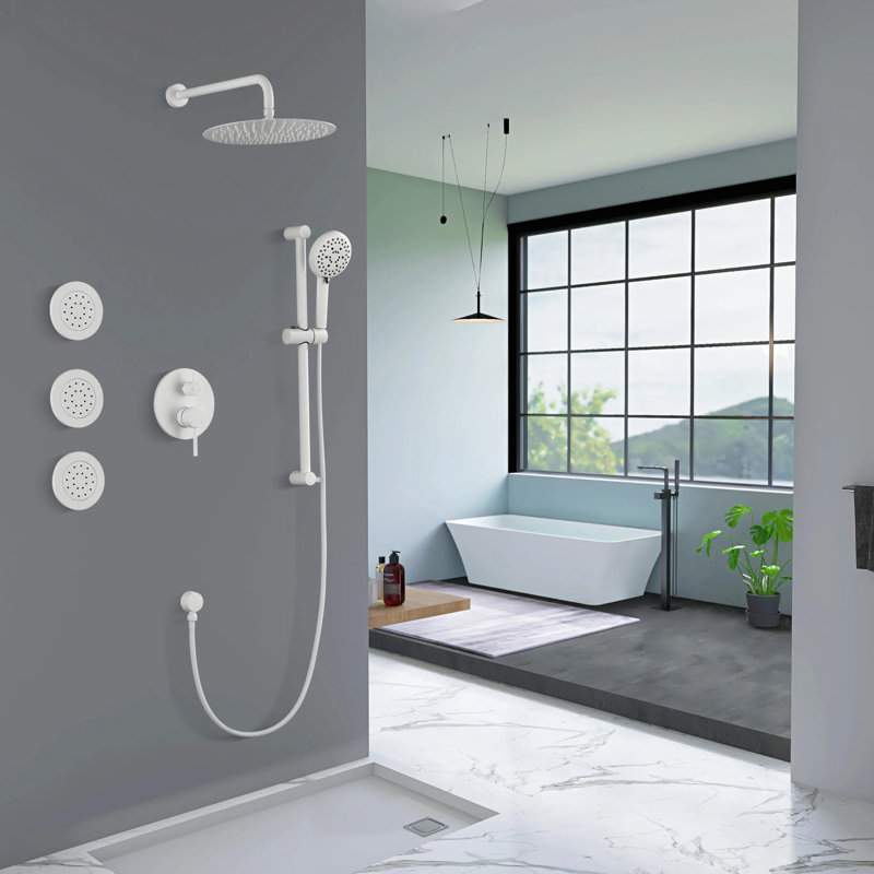 Système de douche à barre coulissante 12 po, ensembles de douche ronds, pomme de douche à pluie complète et combiné à 3 jets, fixation murale