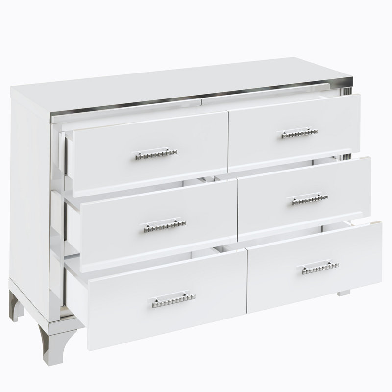 Commode élégante à 6 tiroirs et poignée en métal, Blanc / argent