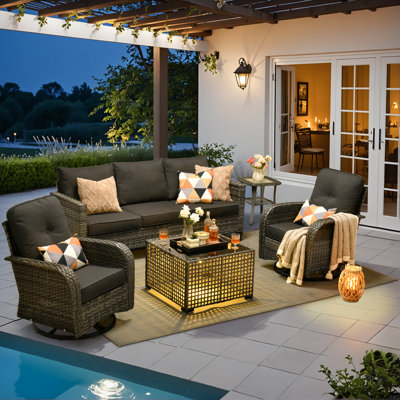 Allcot 5 - Person Wicker Outdoor Conversation Set, Patio Swivel Chair Set with Lighted Coffee Table and Cushions