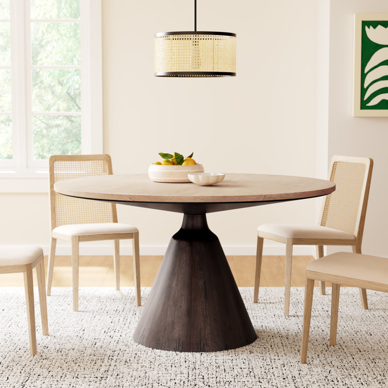 Sireli Round Solid Wood Base Dining Table, Light Brushed Parawood/Dark Brown
