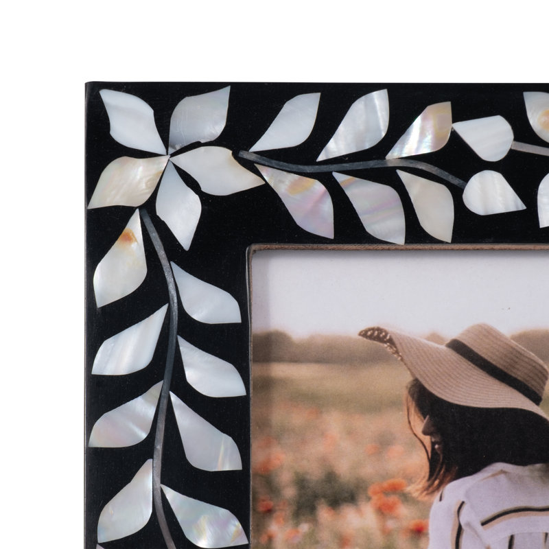 Shell Resin Wood Mother of Pearl Boho Picture Frame with Handcrafted Inlay Design and Nature Inspired Motif for Rustic and Eclectic Decor Styles