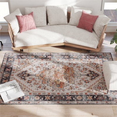 Tapis lavable à la machine antidérapant HOMcom 4 x 6, tapis médaillon à motif bohème pour salon, chambre à coucher, salle à manger, brun fauve