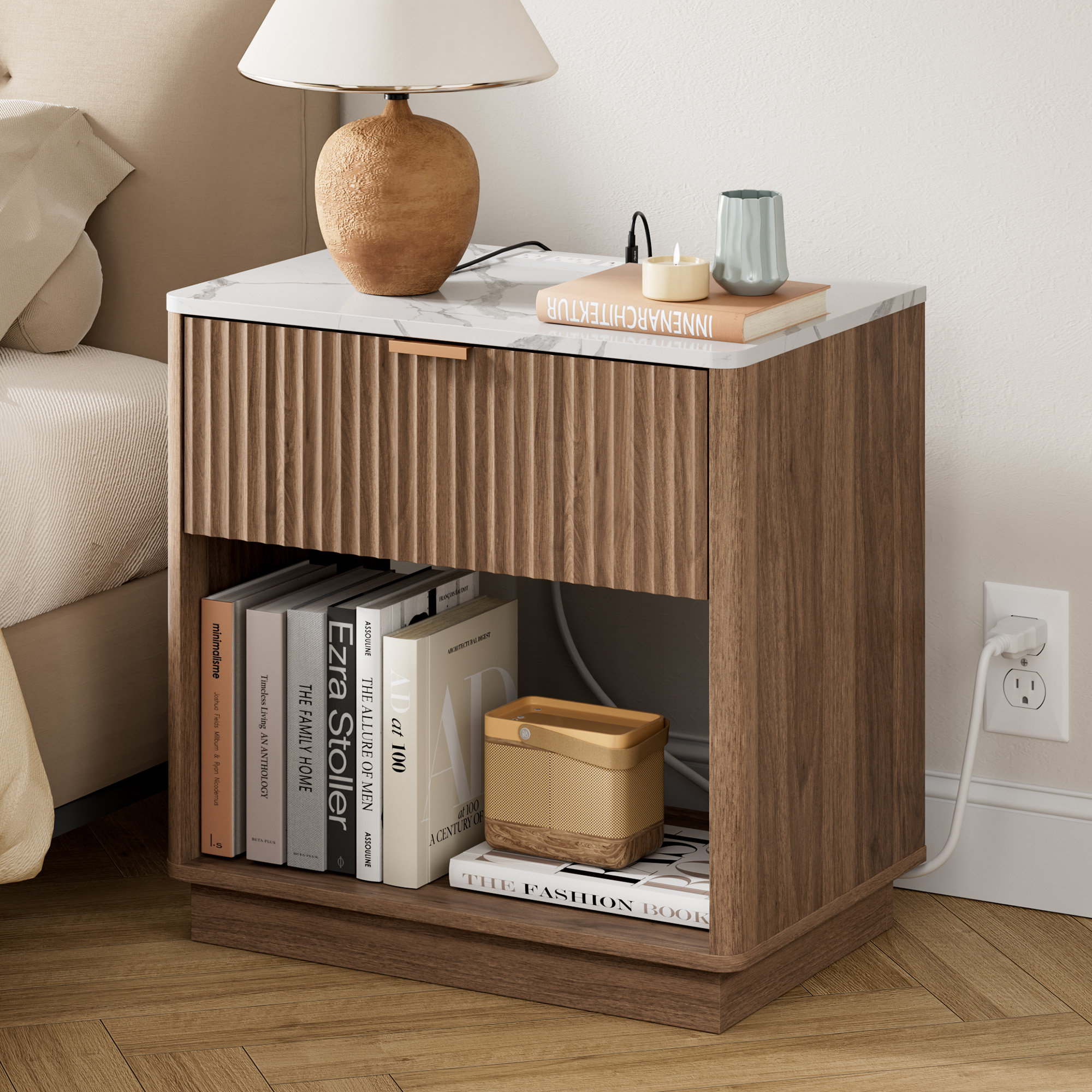 Ebern Designs Schaitman 23.6''W 1-Drawer Nightstand with Open Cubby, Wood Nightstand with Built-In Outlets & Reviews | Wayfair
