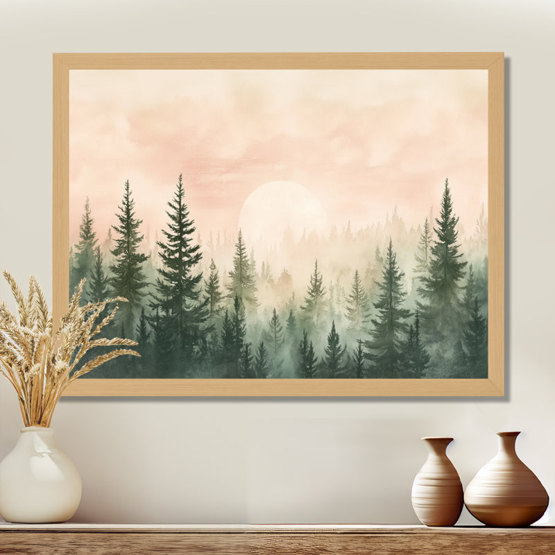Tableau encadré « Forêt » aux teintes rose pâle et vert blush, coucher de soleil et ciel boisé, H 34 po x l 44 po
