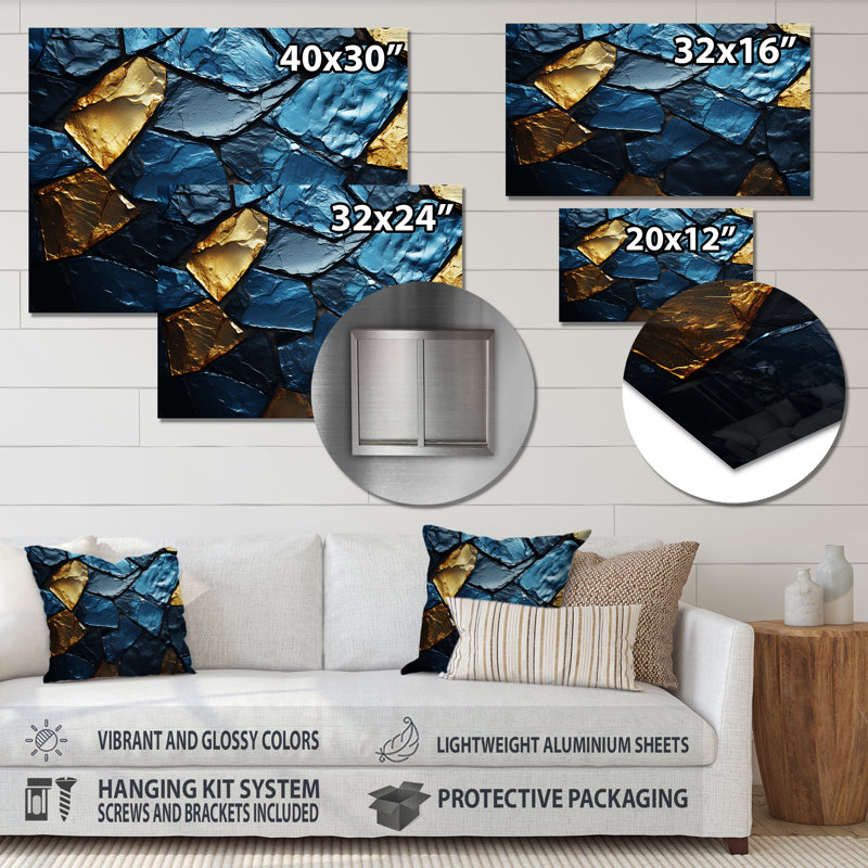 Carreaux de mosaïque en marbre bleu et doré - art mural abstrait en métal MT136426, H 30 po x l 40 po x P 1,5 po