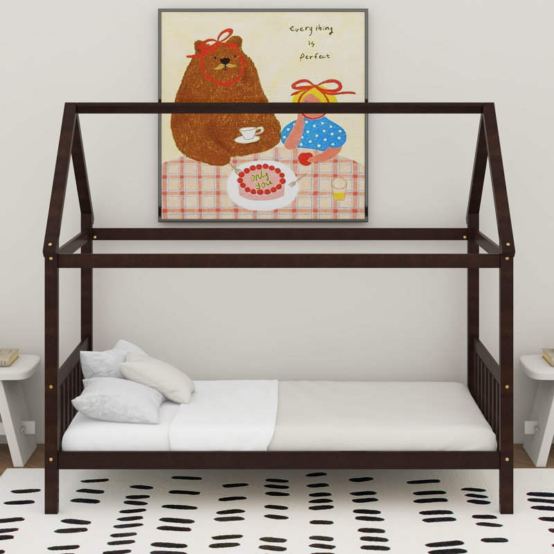 Lit simple avec tête et pied de lit, lit simple en bois d'hévéa avec cadre de maison, Espresso