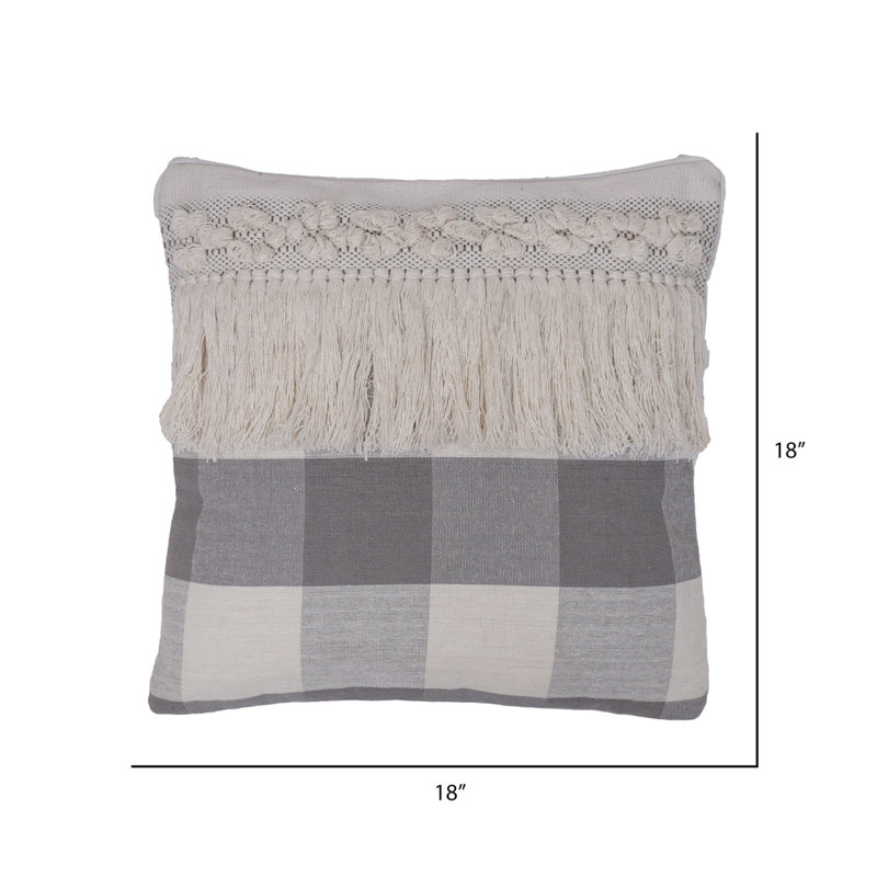 Vickerman Grey Plaid Fringe Cotton Pillow Pre-Decorated Reversible Throw Pillow