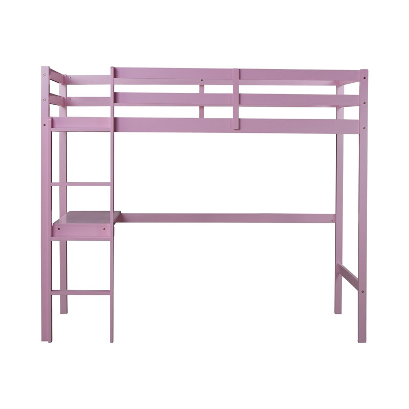 Twin High Loft Bed with Built-in Desk, Ladder & Safety Guardrails – Rubber Wood Kids Study & Sleep Space,Pink, Pink