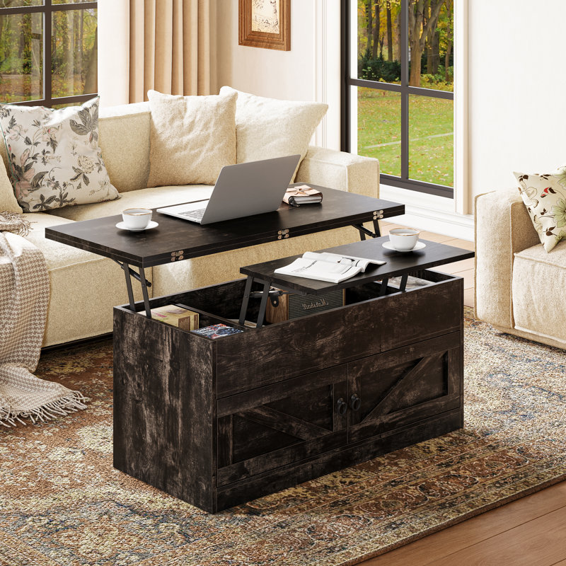 Table basse à plateau relevable avec rangement, Chêne rustique foncé