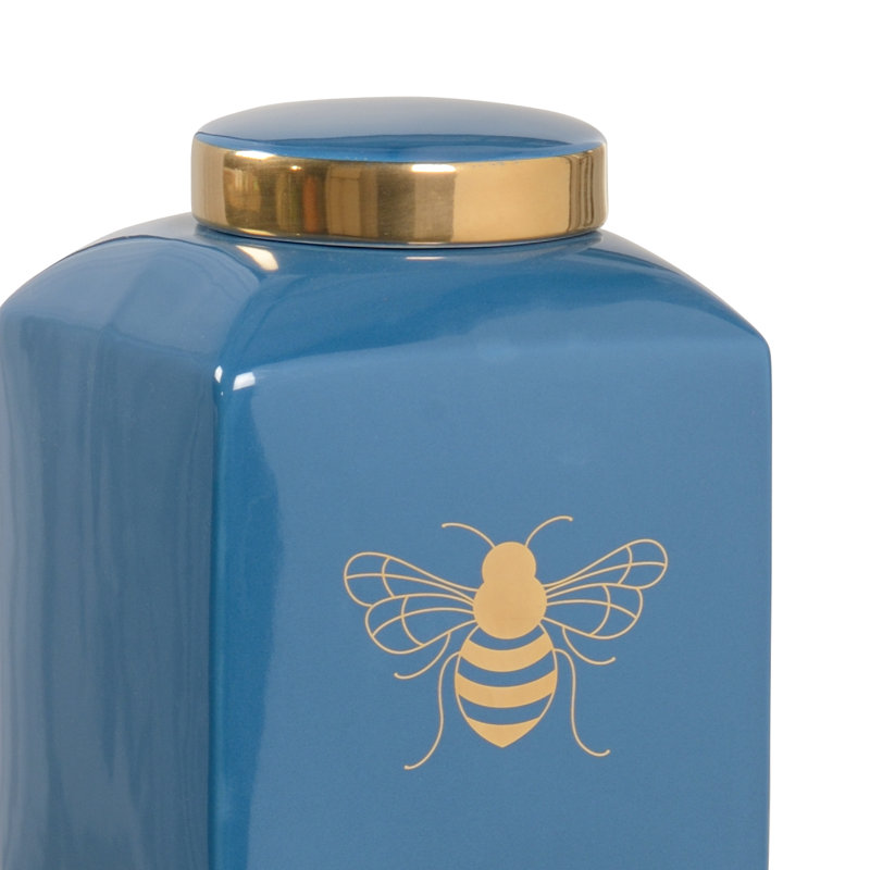Ceramic Jar, Blue/Gold, 9.5" H x 7" W x 7" D