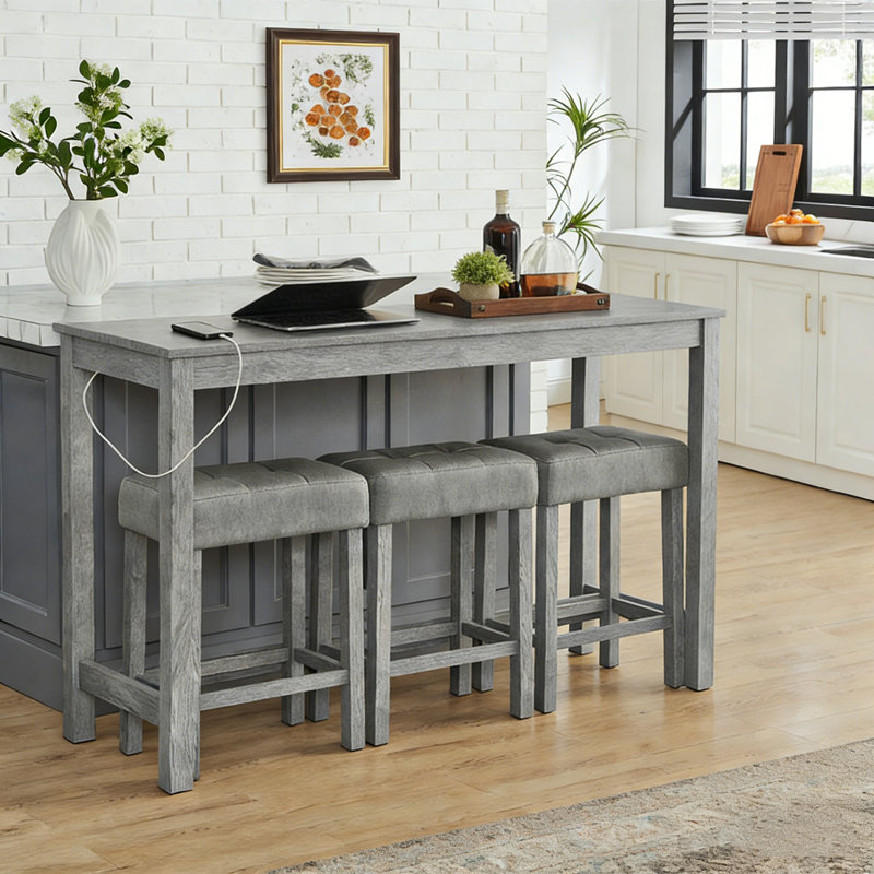 59 Inch Bar Table/ Dining Table/ Sofa Table With Power Outlet/ 3 Upholstered Stools/ 4 Piece Bar Table And Chair Set For Living Room/ Dining Room/ Kitchen