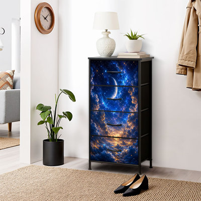 Commode 4 tiroirs pour chambre à coucher, commode étroite, plateau en bois et structure de bureau en fer 18 po x 37,5 po (lxH) - avec fantaisie en forme de croissant de lune bleu ciel étoilé