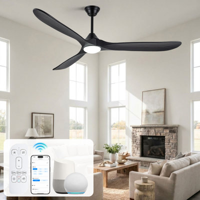 70 inch Smart Large Ceiling Fans with Lights, 3 Solid Wood Propeller Blades Modern Farmhouse, Alexa App Remote Control, Quiet DC Motor for Great Room Indoor High Ceilings