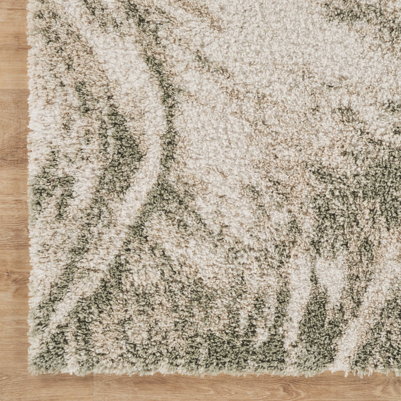 Serene Ivory & Green Abstract Shag Modern Rug, Ivory/Green, 2'6" x 8'0"