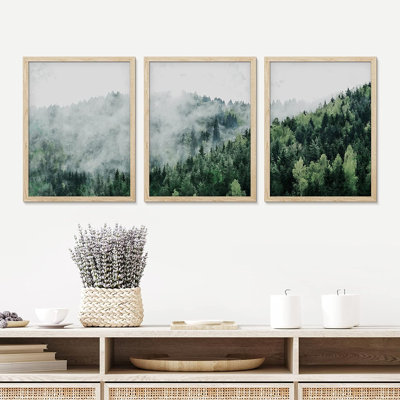 Idea4wall, art mural encadré brume sur pin, ensemble de 3 impressions murales forêt montagne, décoration murale nature sauvage pour salon, chambre à coucher, 3 pièces