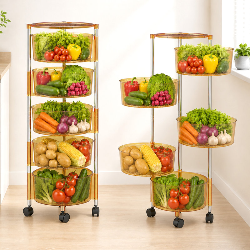 Étagère de rangement de cuisine rotative, panier en métal à 5 ​​niveaux avec roulettes, chariot de rangement vertical grande capacité pour fruits et légumes, organisateur de pommes de terre et d'oignons, couleur champagne