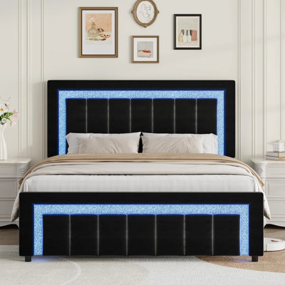 Ensemble de lit plateforme en velours capitonné à DEL avec velours moderne 2 pièces DEL - Suite de chambre à coucher lumineuse 3 pièces