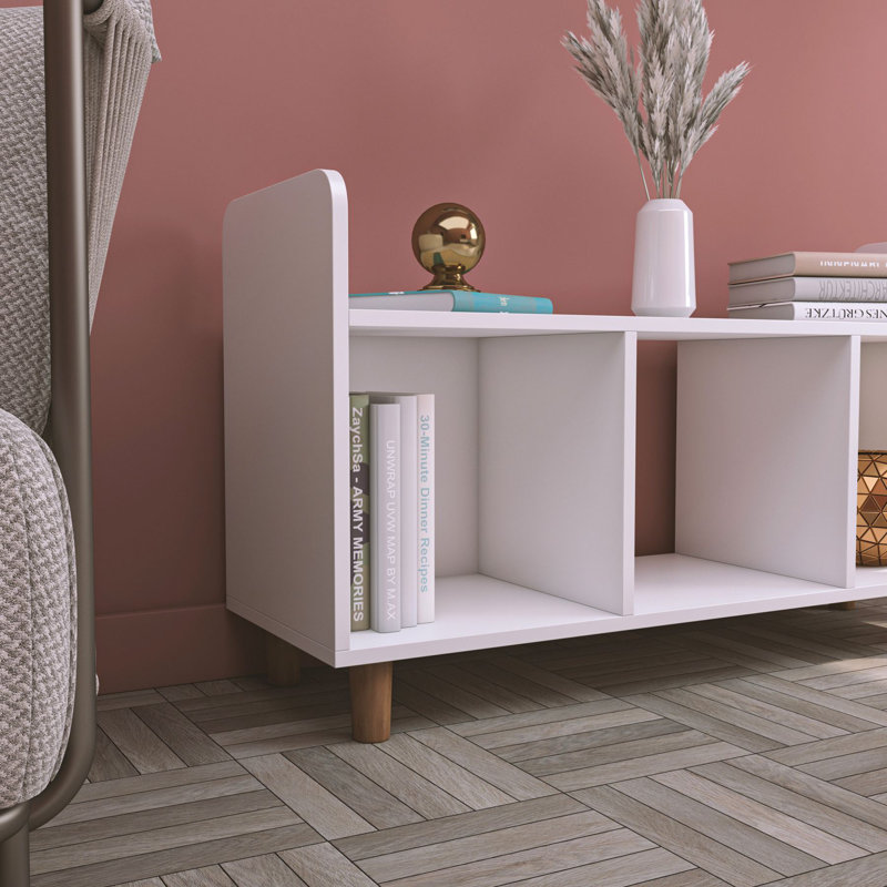 Meuble télé blanc moderne avec pieds en bois, panneau de particules 100% mélaminé, 45,4 po x 24,8 po x 14,2 po | Nombreuses tablettes, fixation murale | Conception élégante et fonctionnelle pour le salon ou l'espace de divertissement