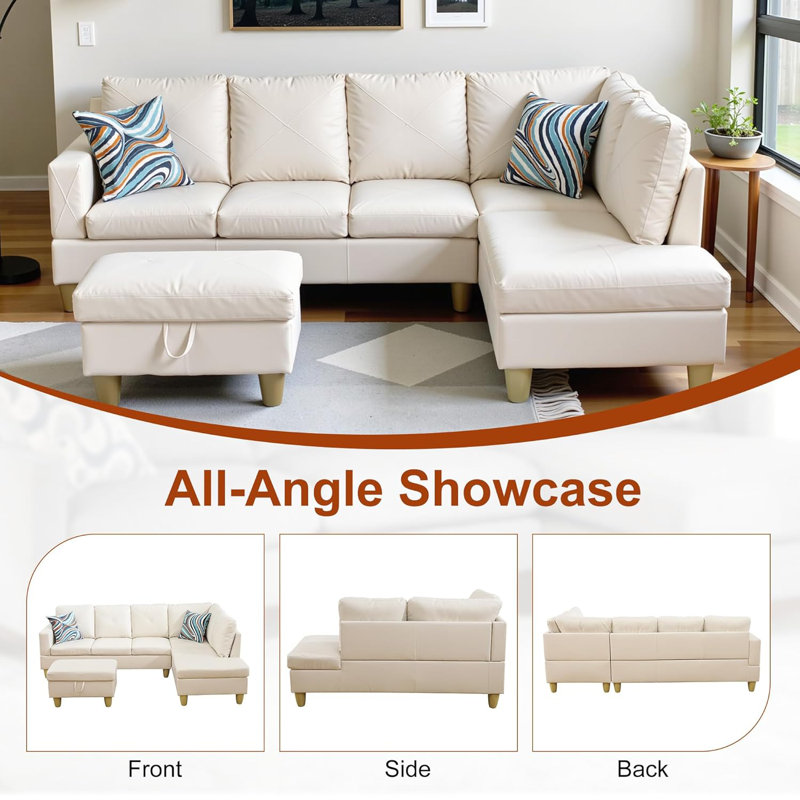 Canapé modulaire en flanelle 3 pièces, Tissu blanc, Orienté à droite