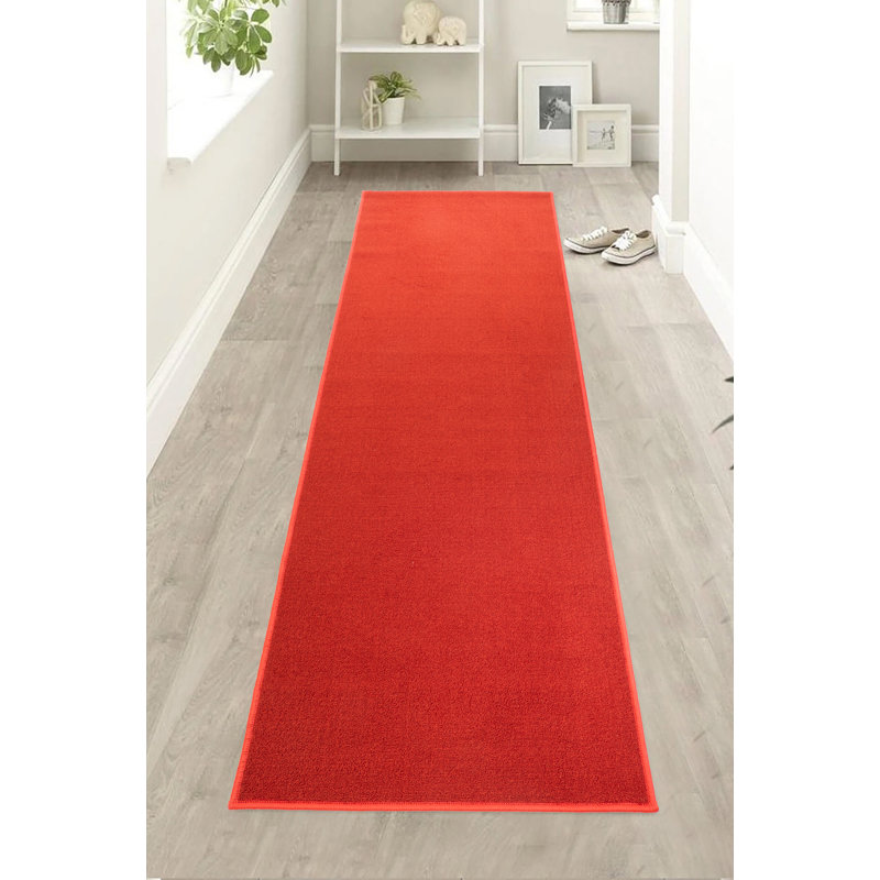 Washable Anti Slip Low Profile Solid Red Color Custom Size Runner Rug for Hallway Stairway Entryway Kitchen