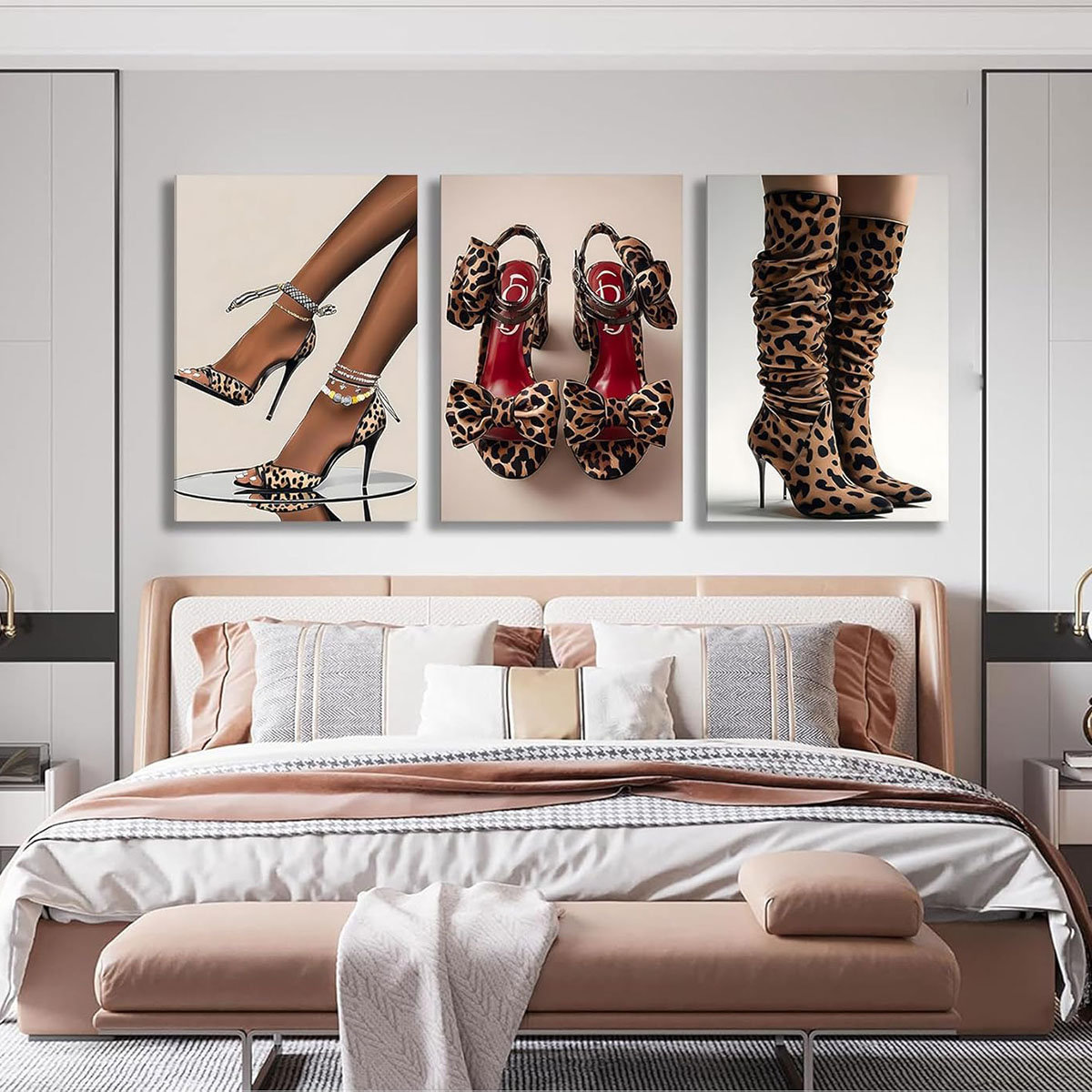 Mercer41 3Pcs Fashion Leopard High Heels Canvas Wall Art Funky Boots ...