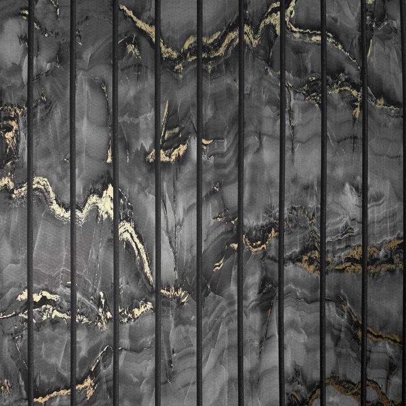 Marble Slat Panel Charcoal Luxury Wallpaper, Black