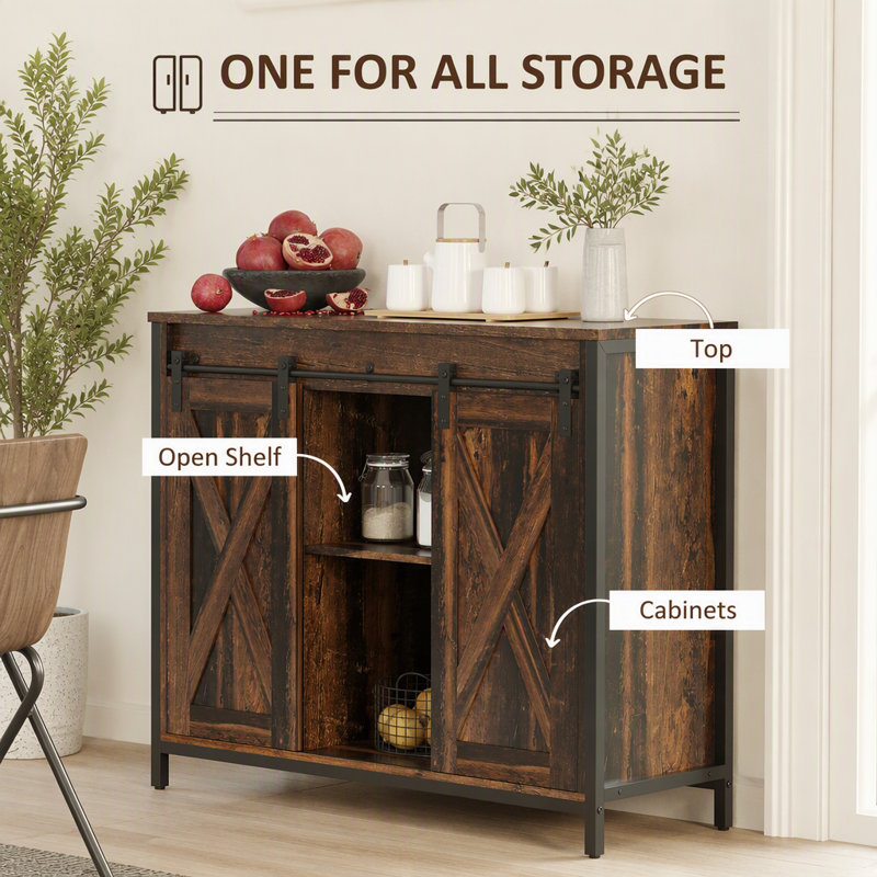 Buffet industriel avec portes de grange coulissantes et tablettes réglables, parfait pour la décoration rustique et un rangement efficace