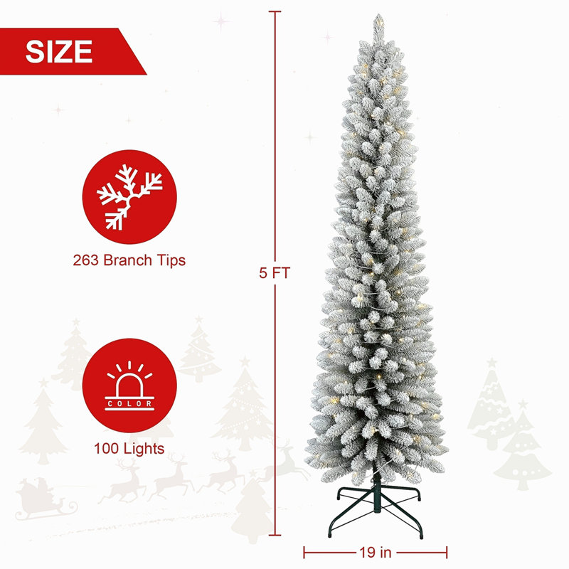Arbre de Noël enneigé 7 pi avec 200 lumières DEL blanc chaud - Arbre en PVC mince enneigé avec 469 pointes, support en métal, conception compacte, facile à installer