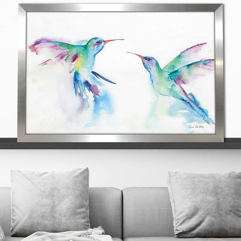 Hummingbirds I par Aimee Del Valley - Peinture, H 33,5 po x l 49,5 po x P 1 po, Encadrement argenté
