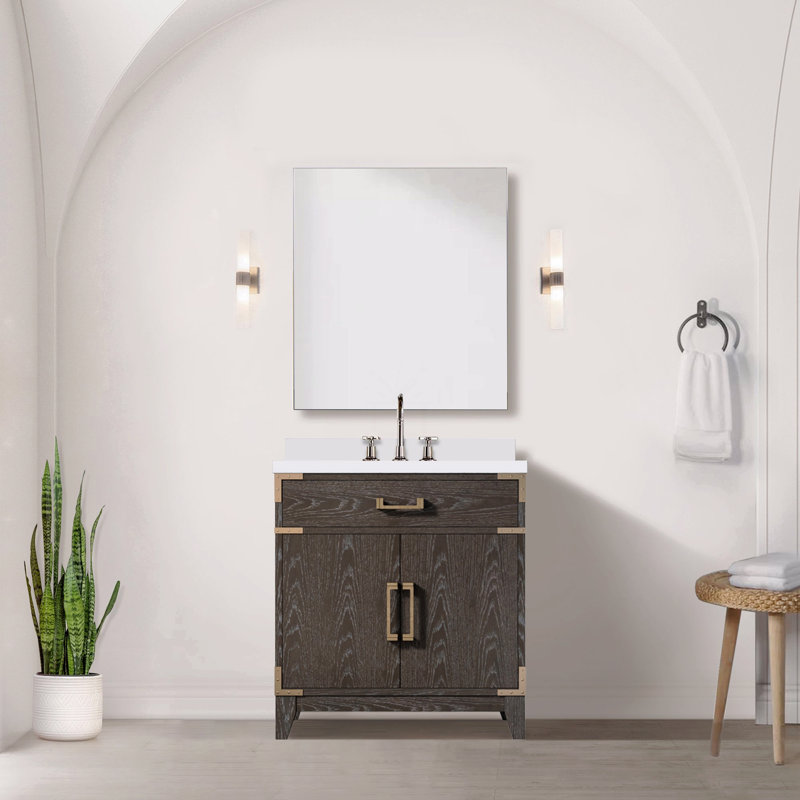 Meuble-lavabo simple 30 po X P 22 po D, avec plateau en quartz blanc, Brun