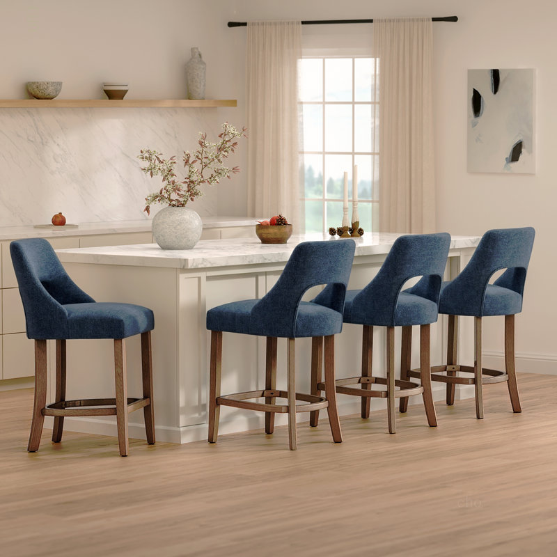 Ensemble de 2 tabourets de bar, tabourets de bar rembourrés à hauteur de comptoir, tabourets de comptoir modernes avec pieds en bois pour îlot de cuisine, bleu marine
