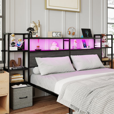 Headboard for King Size Bed with Side 3-Tier Storage Shelves and 2 Drawers,2-Tier Headboard with Charging Station and LED Lights,Height Adjustable