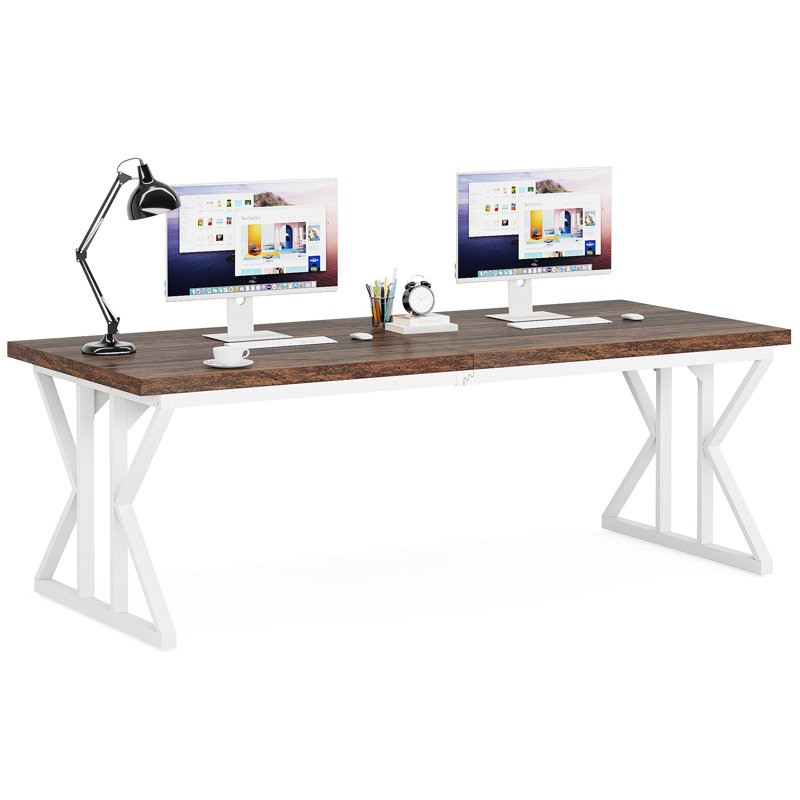 Metal Base Computer Desk, Rustic Brown, 75Cm H x 200Cm W x 70Cm D, White