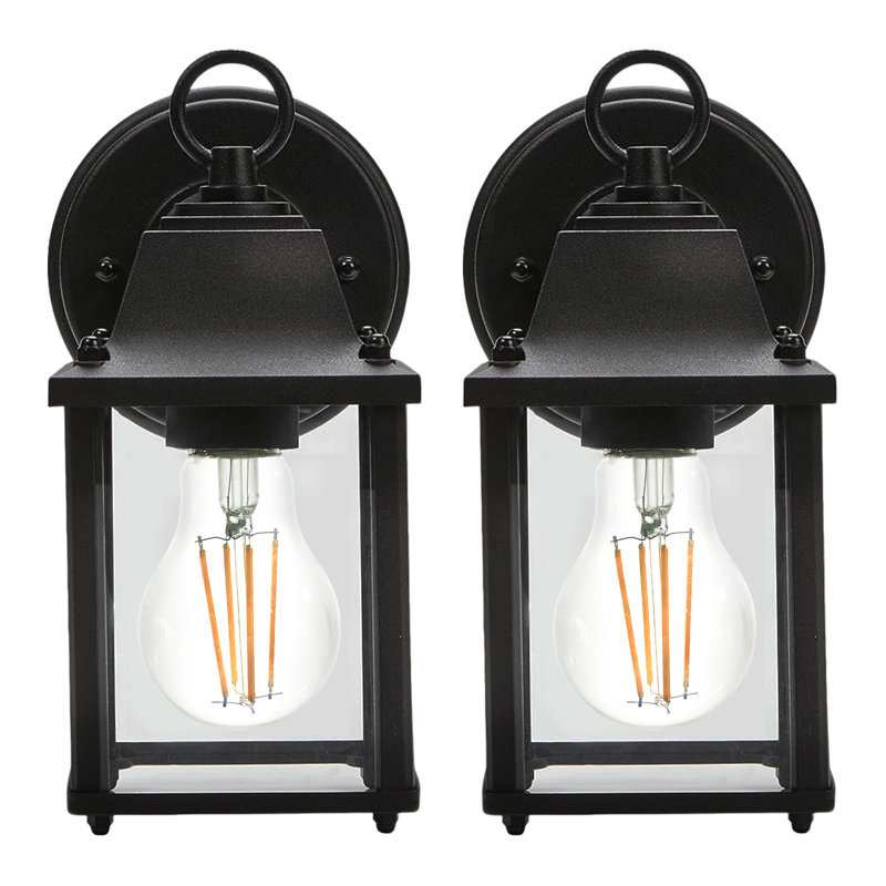Set of 2 Classic Black Outdoor Wall Lights - All-Metal Waterproof 8.5" Lantern Sconce with Clear Glass for Porch, Garden, Garage