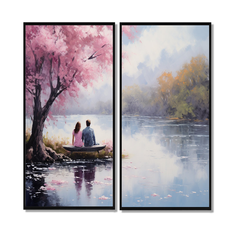 «Romantic Couple Landscape Serenity III», reproductions d'art traditionnel sur toile, 32" H x 32" W, Floater Frame, Black