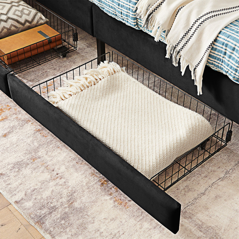 Upholstered Platm Bed Frame With Drawers, Twin, Black