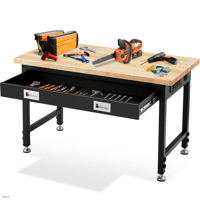 Établi réglable de 48 po avec rangement de tiroir, poste de travail robuste de 2000 lb avec prises de courant, table de travail en bois d'hévéa pour garage, bureau, atelier, commercial