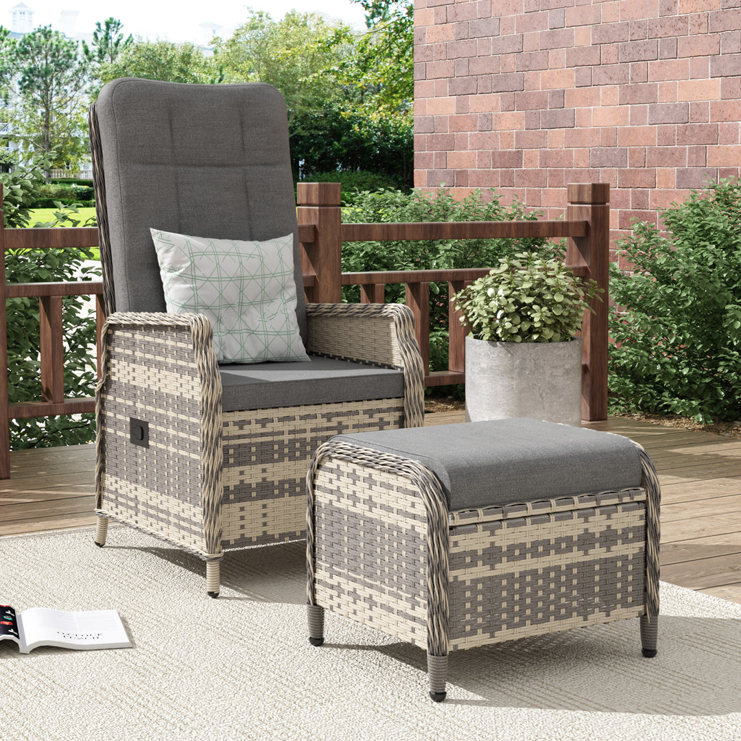 Outdoor Reclining Chair And Ottoman Set Weather Resistant PE Rattan For Garden & Patio
