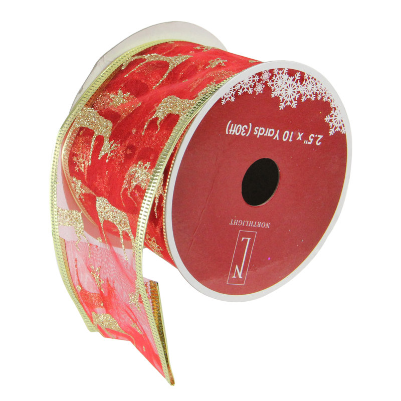 Ruban rouge et or scintillant de Noël avec fils 2,5 po x 10 pi