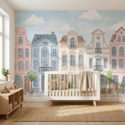 Maison de ville papier peint aquarelle architecture murale