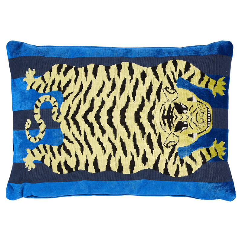 Jokhang Tiger Velvet Pillow, Blue