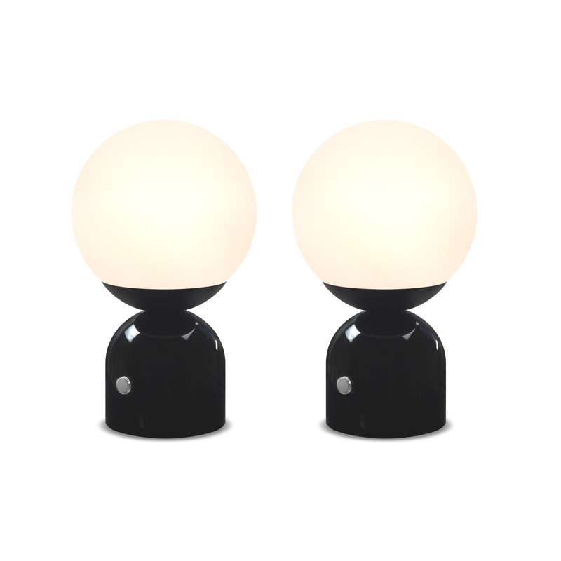 Mila 9.85 in. Mid-Century Modern LED Bedside Table Lamp with Black Marble and Frosted Globe Shade - Bundle Set of 2, Black