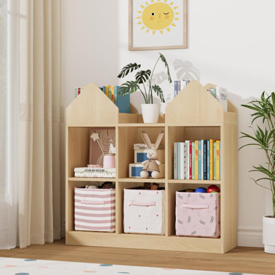 Organisateur de rangement en forme de maison et de jouets pour enfants avec méthode éducative - 4 étagères à livres, 6 étagères ouvertes, bibliothèque à 3 colonnes et 2 étages pour chambre d'enfant / chambre / salle de jeux - bois naturel