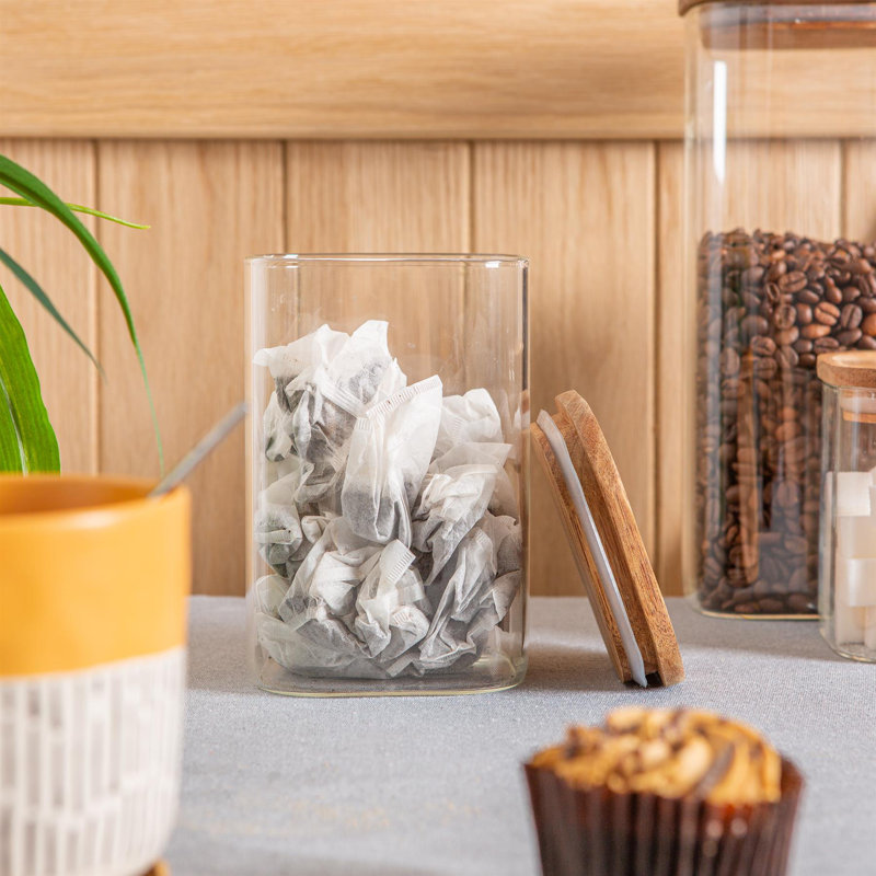 Argon Tableware - Square Glass Storage Jars with Wooden Lids - Set of 6, 16cm H x 10cm W x 10cm D