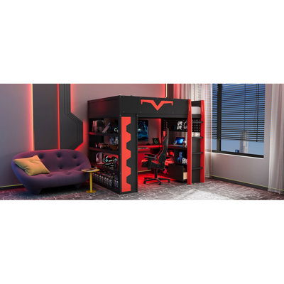 Lit mezzanine double avec bureau intégré et lumières à DEL RVB, lit Pro-Gamer avec prise de courant, grande bibliothèque, panneau perforé, plateau à clavier et tiroir de rangement, 3 couleurs disponibles, rouge