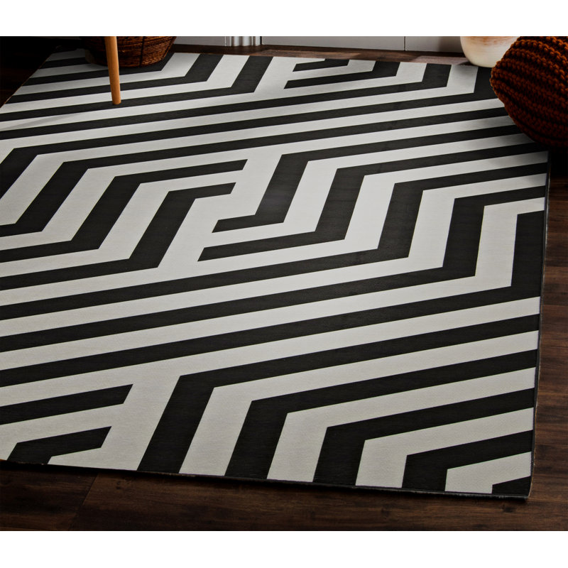 Tapis intérieur / extérieur ivoire / noir Kivett, Rectangle 5 pi x 7 pi