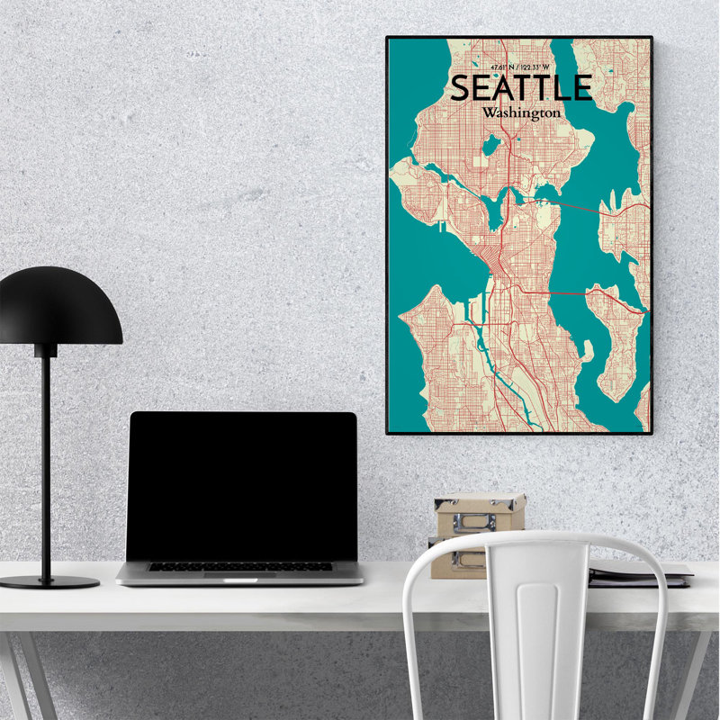 «Seattle City Map», reproduction d'impression sur affiche tricolore, H 27,6 po x l 19,7 po x P 0,05 po