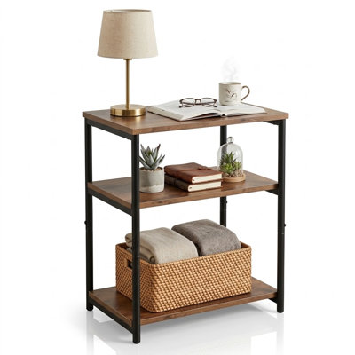 3-Tier Industrial End Table with Open Storage Shelves, Small Side Table for Living Room, Compact Nightstand Accent Table for Bedroom and Small Spaces, Rustic Brown