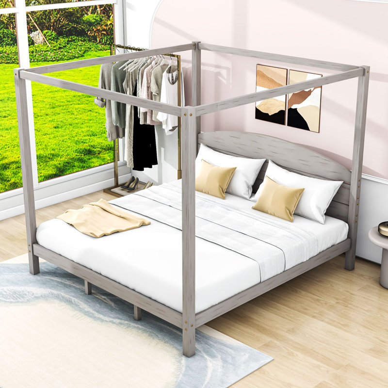 Haleah King Size Wood Canopy Bed with Headboard, Grey Wash